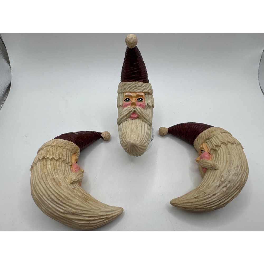 Vintage Style Folk Art Santa Moon Ornaments Set of 3 Burgundy Faux Wood Resin